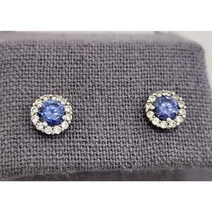 Kiera Blue Stone Surrounded By Rhinestones In Flower Shape Stud Earrings